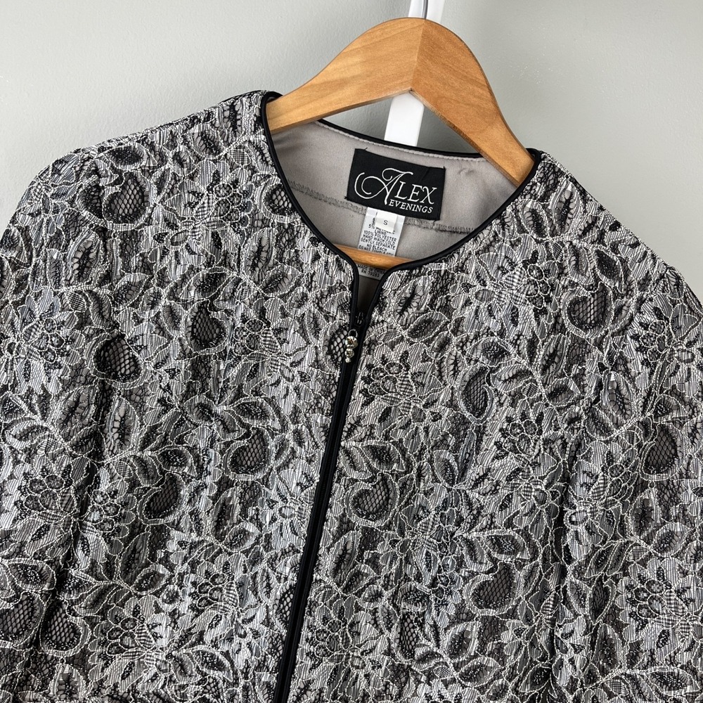 Alex Evenings Lace Jacket Womens S Silver Black Peplum Formal Occasion